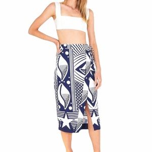 NWT FARM Rio Cowrie Linen Navy Shell Midi Skirt